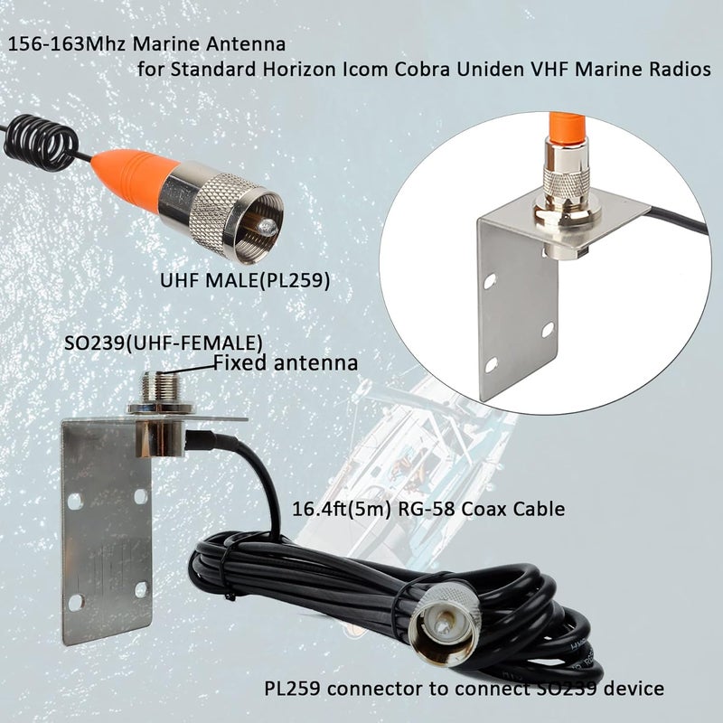 HYS VHF Marine/Boats Radio Antenna, Low-Profile 156-163mhz Antennas W/16.4ft(5m) RG58 Low Loss Premium Coaxial Cable with PL259 for Standard Truck Horizon Cobra Icom VHF Marine Mobile Radio - Image 2